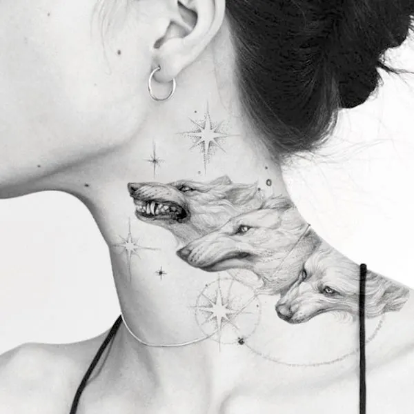 Badass wolves tattoo on the neck by @masa__island- Stunning Badass Tattoos For Women