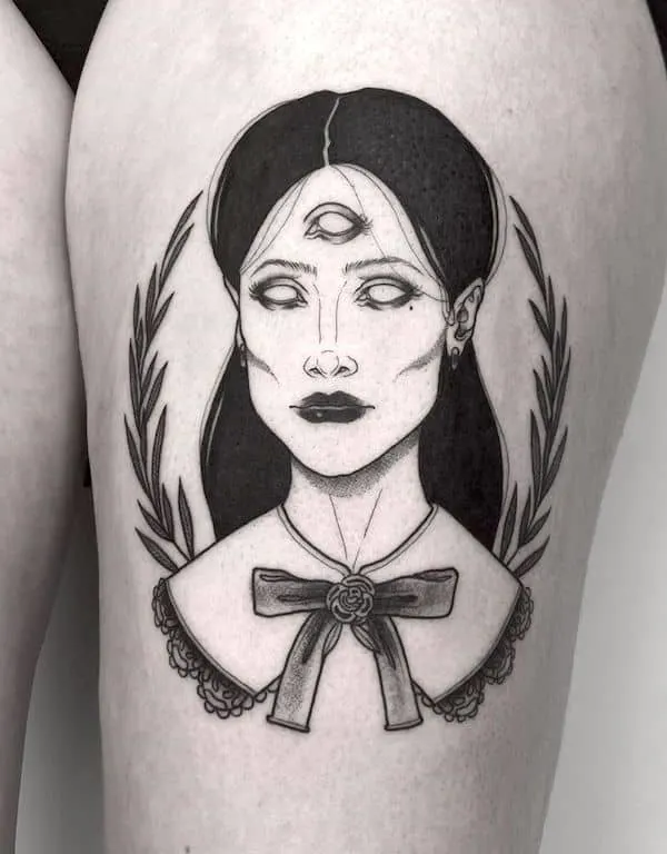 Three-eye witch tattoo on the thigh by @gala_jenkins