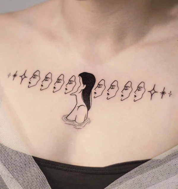 Girl with a thousand faces chest tattoo by @_winkt