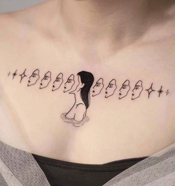 50 tatouages étonnants pour femmes, dignes d'un dur à cuire 36 Girl with a thousand faces chest tattoo by @_winkt