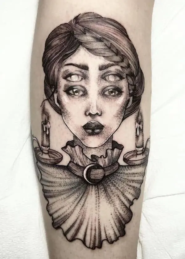 A badass witch tattoo by @jessy.blackcats.tattoo