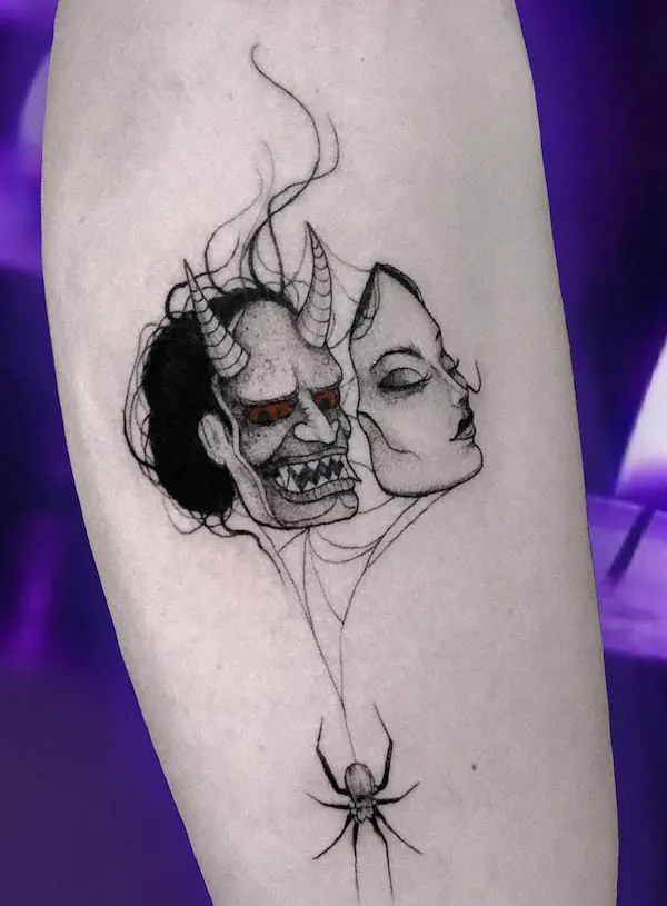 50 tatouages étonnants pour femmes, dignes d'un dur à cuire 5 Demon behind the face tattoo by @inksecta.tattoo