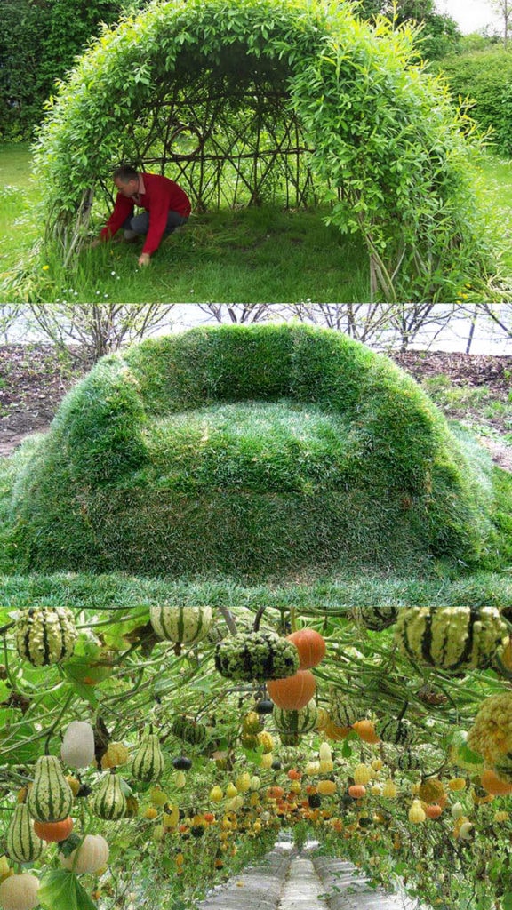 DIY living functional garden decorations & low cost outdoor structures: magical grass sofa, fun bean teepee, beautiful grape & rose arches, willow dome & fence, etc! 