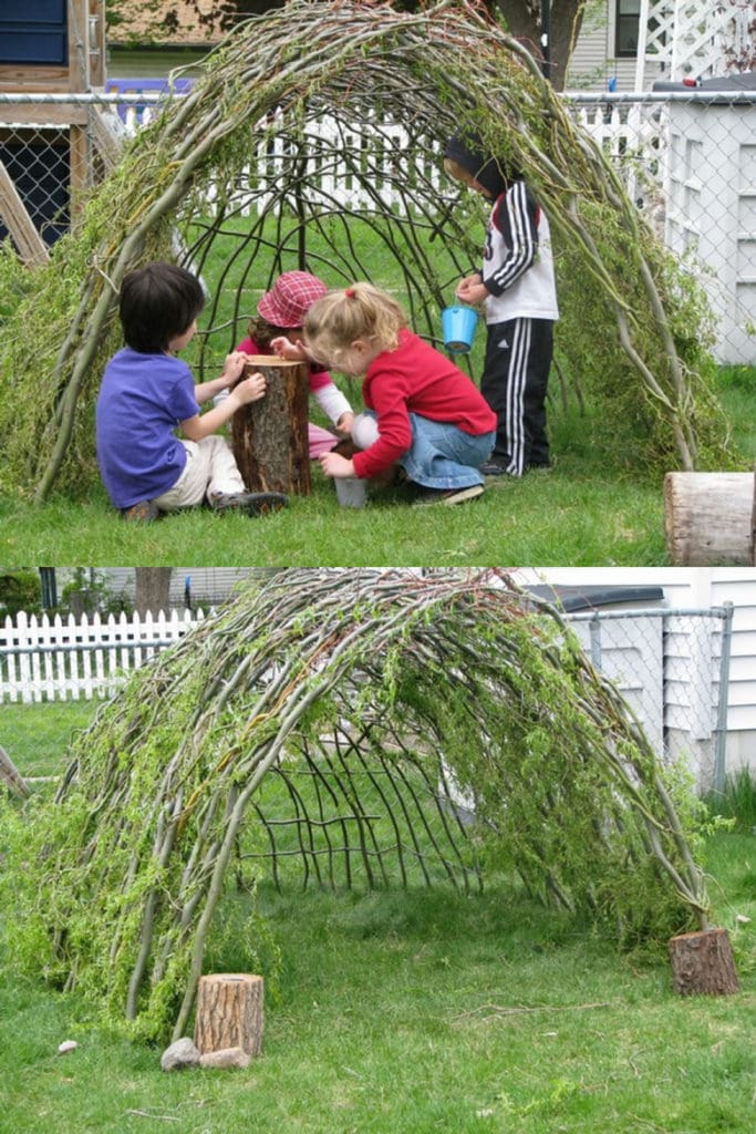 children playing under living willow pergola