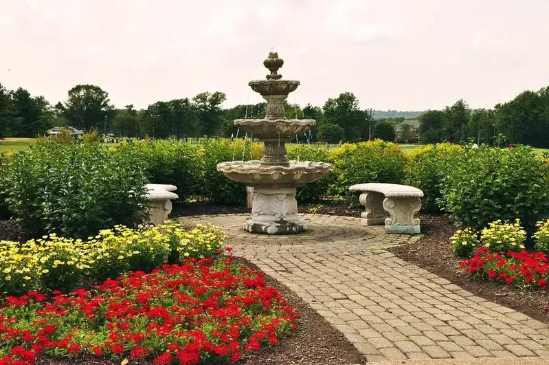 Brick Plaza with Fountain Surrounded by Bushes