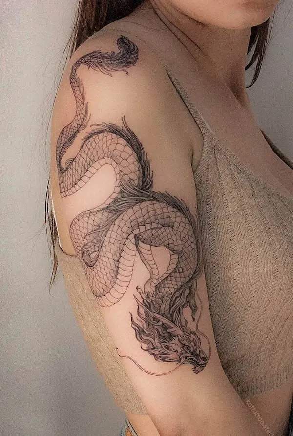 75 superbes tatouages de bras pour femmes avec signification 25 Dragon sleeve tattoo by @kottattoo.studio