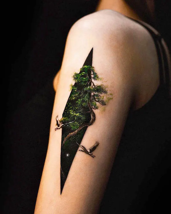 Mysterious tree arm tattoo by @rizn__tattoo