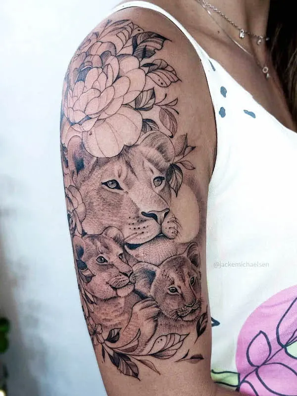 Lioness sleeve tattoo by @jackemichaelsen.tattoo