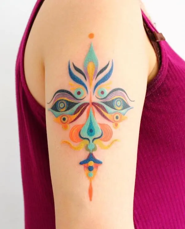 75 superbes tatouages de bras pour femmes avec signification 29 Colorful mask sleeve tattoo by @katia.zuela