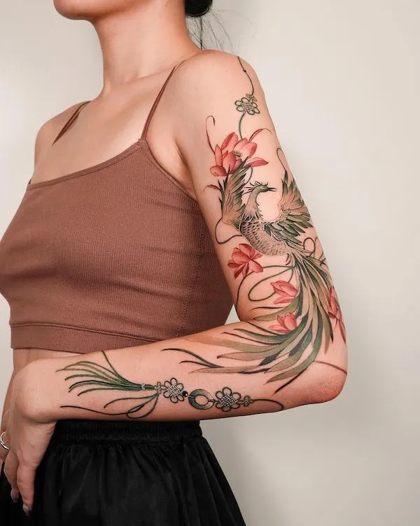 75 superbes tatouages de bras pour femmes avec signification 33 Phoenix full sleeve tattoo by @tattooist_sion