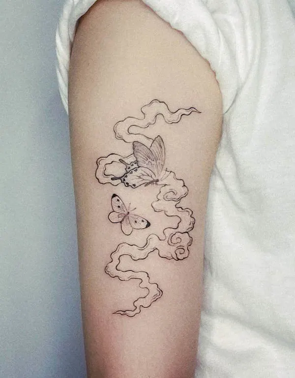 75 superbes tatouages de bras pour femmes avec signification 34 Cloud and butterfly sleeve tattoo by @nooytattoo