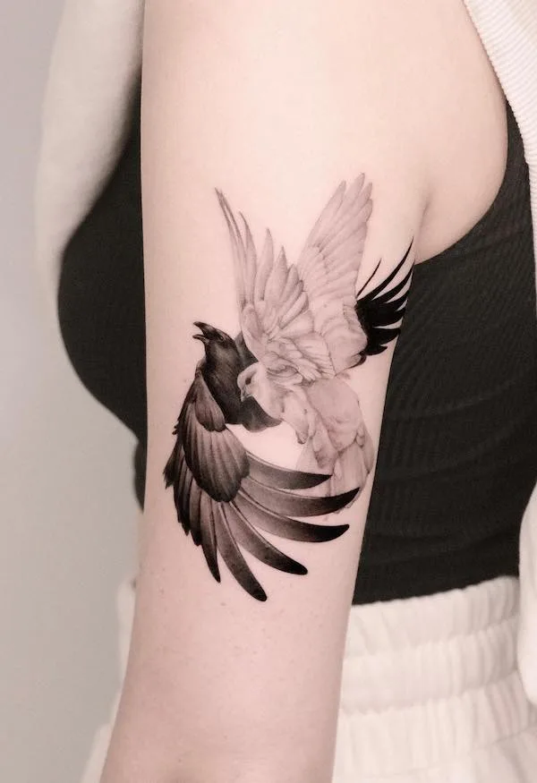 Black and white birds sleeve tattoo by @lucy.moana