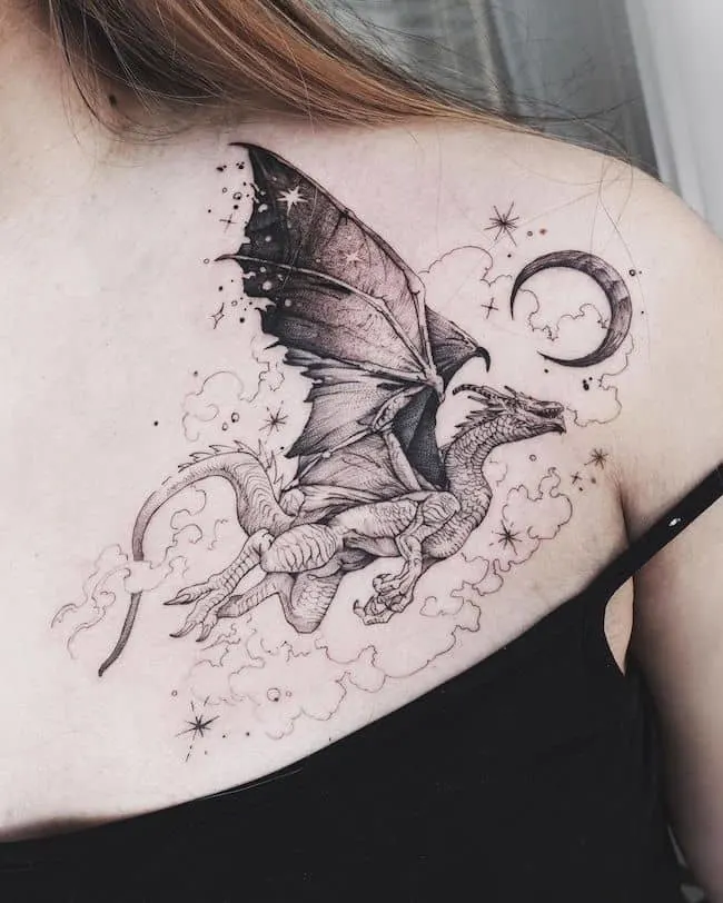 Dragon in the starry night tattoo by @masa__island - Elegant and Badass Dragon Tattoos For Women with Meaning