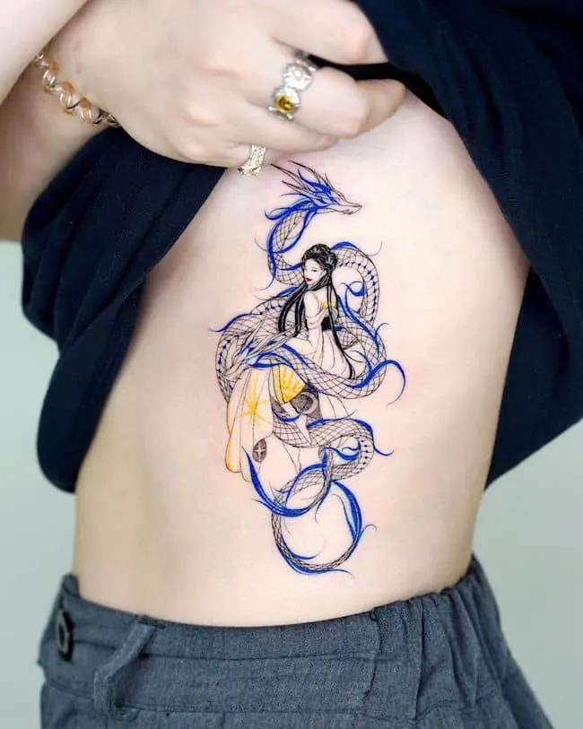 Traditional Chinese blue dragon tattoo by @bium_tattoo