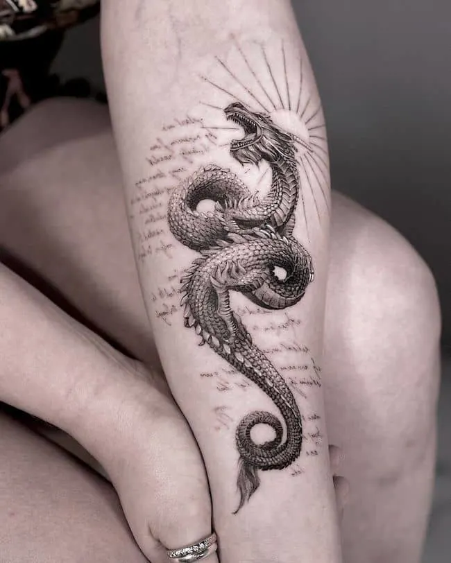 Roaring dragon arm tattoo by @taylornjoyner