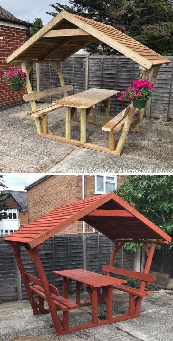 25 idées de tables de jardin avec bancs et toits en bois 3