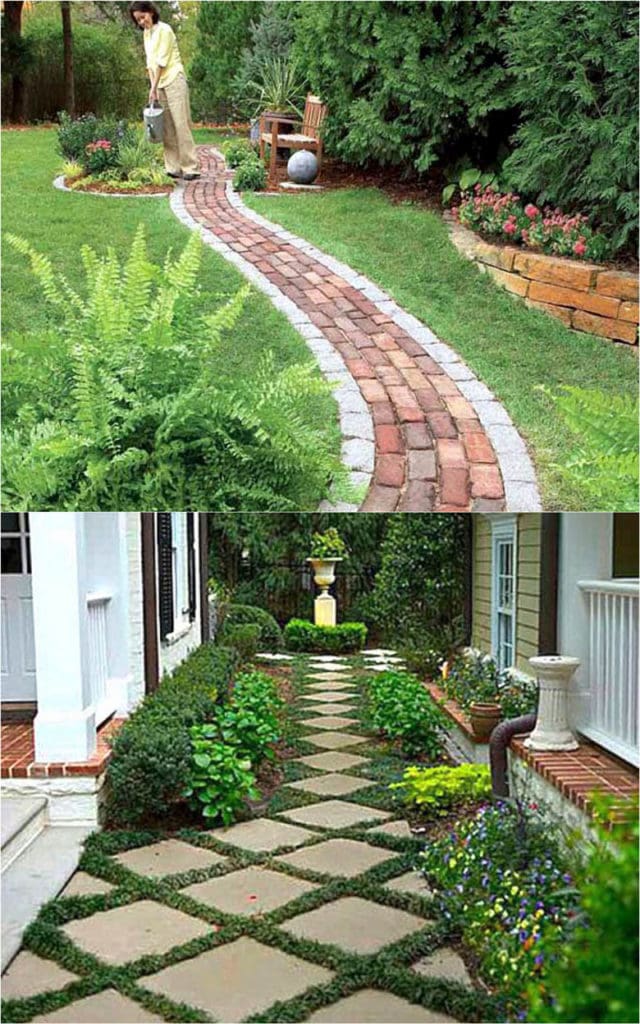 25 beautiful garden path ideas & pro landscape design tips on easy DIY backyard walkways with gravel, brick, stepping stones, wood, pavers, or even mulch! 