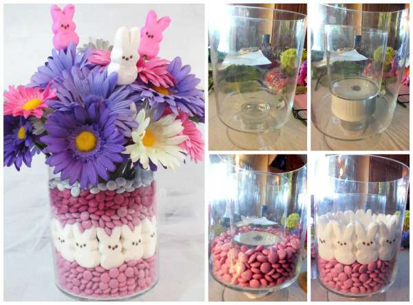 Éblouissez votre Pâques : 17 Décorations DIY à Adopter pour une Fête Inoubliable 2 Centre de table avec des fleurs et des bonbons